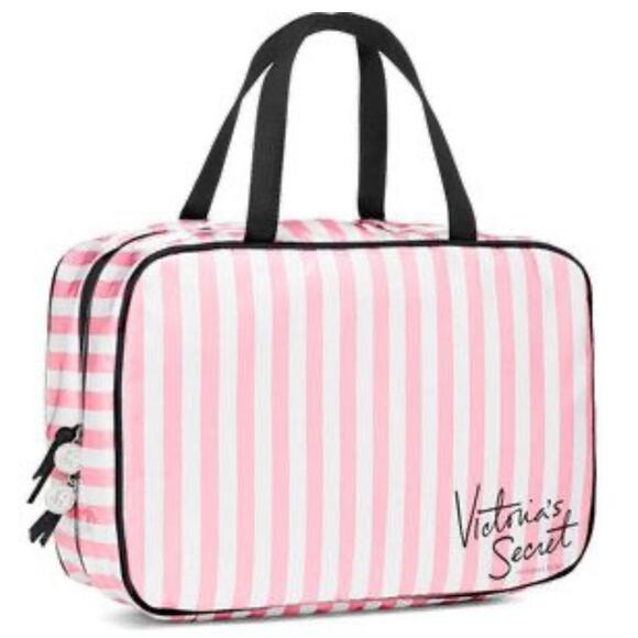 Victoria's Secret Handbags - VICTORIA' S SECRET | Vintage White Pink Striped Cosmetic Case Travel Bag Zipper